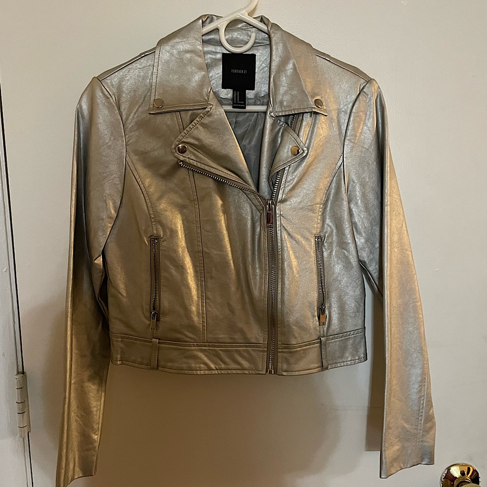 Silver Forever 21 Cropped Moto Jacket